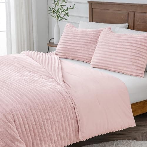 BEDELITE Fleece Queen Comforter Set, Fluffy Bed Set, Pink | Super Soft & Warm Bedding, Luxury Fuzzy Faux Fur Comforter for Winter, Heavy Plush Bedding, with 2 Pillowcases thumbnail 9