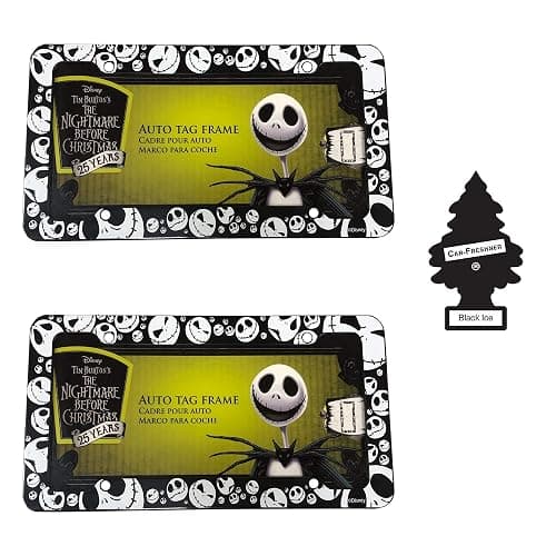 Nightmare Before Christmas Jack Skellington License Plate Frame 2-Pack Bundle | Durable Plastic Design for Cars & Trucks | Includes Free Air Freshener | Fits Standard Plates Idea - Image 1