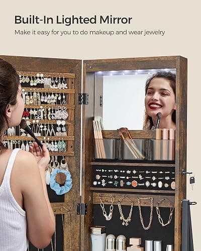 SONGMICS LED Cabinet Standing, Lockable Jewelry Armoire with Full-Length Mirror, Space-Saving Jewelry Organizer with Mirror, Bottom Drawer, Gift Idea, Christmas Gifts, Rustic Brown UJJC025X01 thumbnail 6