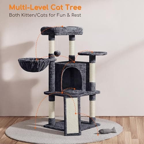 Yaheetech 42in Cat Tree Tower for Indoor Cats, Kitten House with Large Perch & Scratching Posts & Cozy Condo & Scratching Ramp, Pet Furniture Activity Center, Dark Gray thumbnail 6