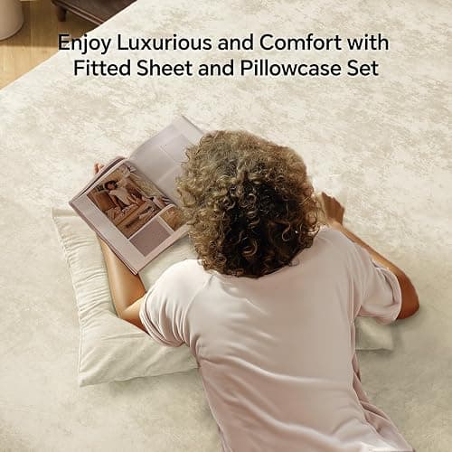 BEDELITE Velvet Fitted Sheet and Pillowcases Set, Luxury Soft Fuzzy Bottom Sheet with Reinforced Elastic Corner Straps, Deep Pocket up to 15 Inch, 1 Fitted Sheet and 2 Pillowcases (Queen, Cream) thumbnail 3