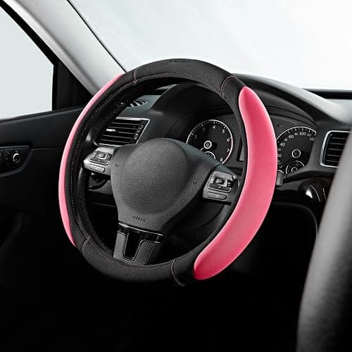 Skechers Pink Steering Wheel Cover, Memory Foam Car Steering Wheel Cover,14.5-15inch Anti-Slip Safety Comfortable Desgin, Universal Accessory for Diverse Cars, Truck,SUV (Black & Pink) - Image 1