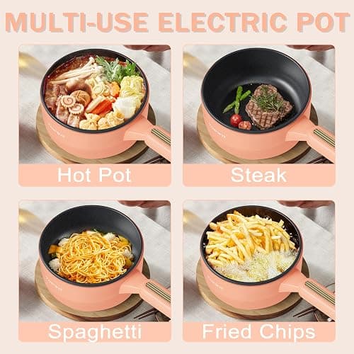 TOPWIT Hot Pot Electric, 𝟐𝐋 Electric Pot, Portable Non-Stick Portable Cooker, Sauté Pan for Steak, Egg, Fried Rice, Ramen, Soup with Dual Power Control (Silicone Spatula Included), Peach thumbnail 5