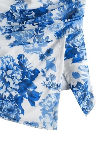 Milumia Women Floral Mesh Strapless Ruched Tube Top Split Hem Sleeveless Bandeau Crop Tops - Small - Blue thumbnail 4