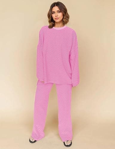 MISSACTIVER Women's 2 Piece Striped Lounge Set Long Sleeve Oversized T-Shirt Wide Leg Pants Matching Pajamas Set thumbnail 3
