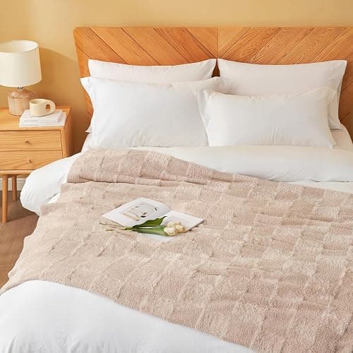 Snuggle Sac Checkered Throw Blanket Faux Fur Microfiber Blankets for Couch,Cozy Soft Warm Blanket for Sofa Bedroom Living Room,Solid Beige,50x60 inches thumbnail 9