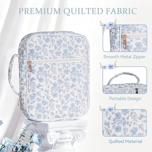 Bible Cover Case for Women, Large Quilted Bible Carrying Case with Handles, Bible Study Supplies & Accessories Christian Gifts for Women(Blue Flower) thumbnail 5