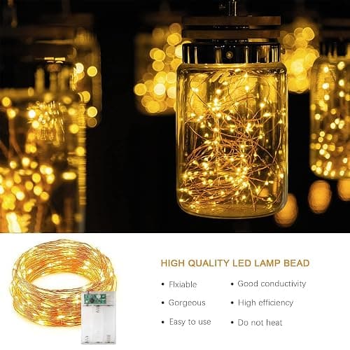 Jsdoin Guirlande lumineuse à 50 LED et à piles en fil de cuivre pour éclairage intérieur et extérieur, chambre, décoration de mariage, fête, Noël, décoration d'arbre (Blanc chaud, 1 pièce 5M50Leds) thumbnail 2