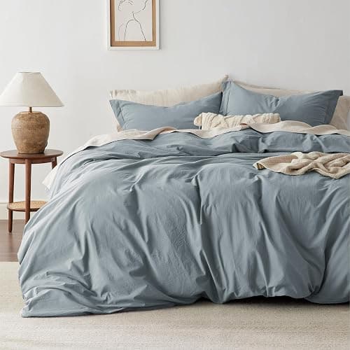 Bedsure 100% Washed Cotton Duvet Cover King Size - Dusty Blue Minimalist Cotton Duvet Cover Linen Like for All Seasons - GentleSoft™ Plain Simple Bedding (Dusty Blue, King, 104"x90") - Image 1