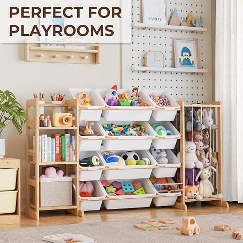 Toy Storage Organizer with Bookshelf and Stuffed Animal Storage - Kids Playroom Organization with Shelves and 12 Toy Bins - Toddler Living Room Toy Box for Lego - Nursery Bedroom Decor Essentials thumbnail 4