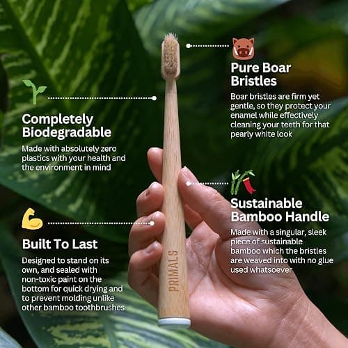 PRIMALS Boar Bristle & Bamboo Toothbrush (4-Pack) - Premium Boar Bristles - Fully Biodegradable - Plastic & Nylon Free - Quick Dry Design thumbnail 2