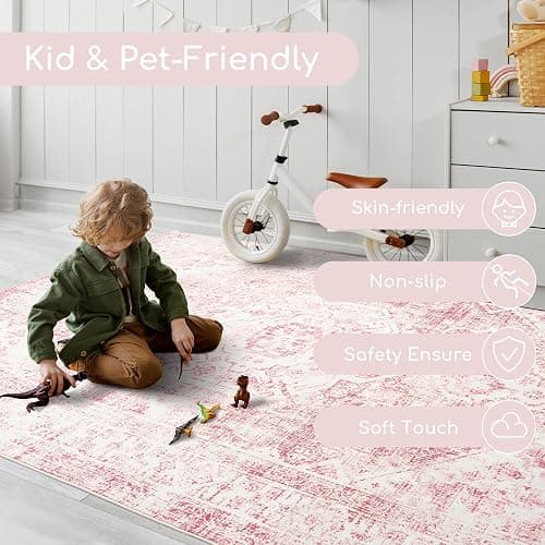 5x7 Washable Pink Area Rug, Upgraded Denser Surface Vintage Rugs, Honeycomb Non-Slip Backing Living Room Rug, Easy Care Foldable Rugs for Living Room Bedroom Kitchen Dinning Room Home Office thumbnail 4