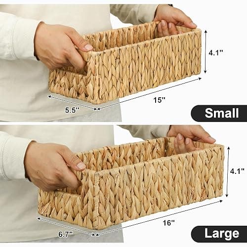 Graciadeco Nesting Small Wicker Basket, Water Hyacinth Toilet Paper Baskets Bathroom Organizer Woven Long Narrow Baskets for Organizing Pantry Bathroom Toilet Tank, 2 Pack thumbnail 3