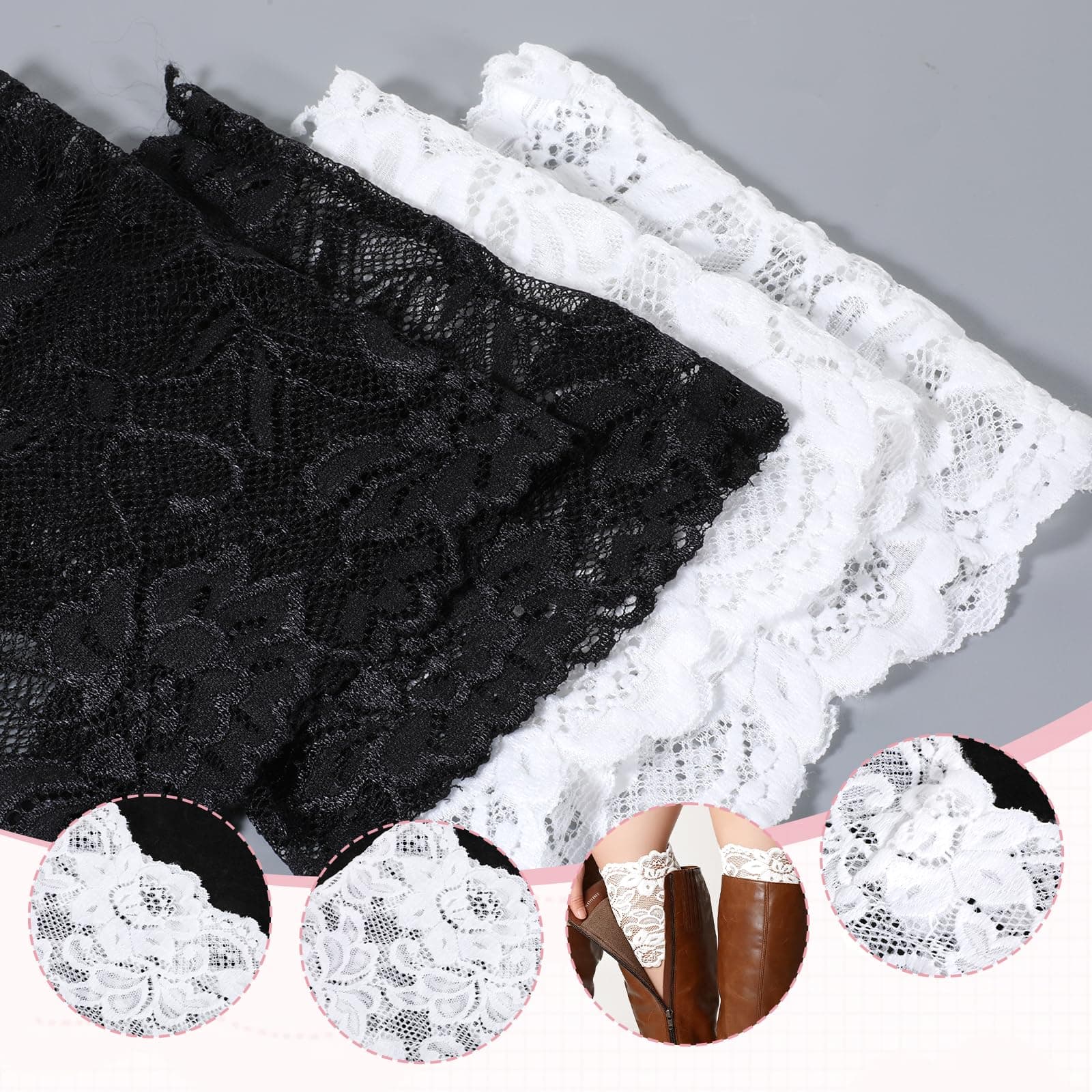  Lace Boot Cuffs for Women - Stretchy Lace Leg Warmers Socks Topper Cuff (Black & White) thumbnail 3