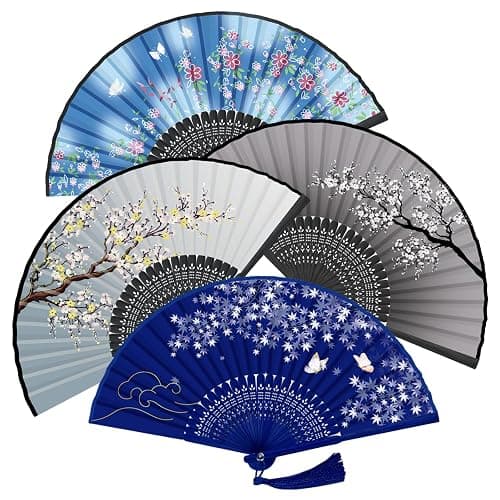 WEARXI Handheld Fan, 4 PCS Hand Fan, Chinese Folding Fan for Women Foldable, Silk Bamboo Hand Held Fan, Paper Hand Fan - Image 1