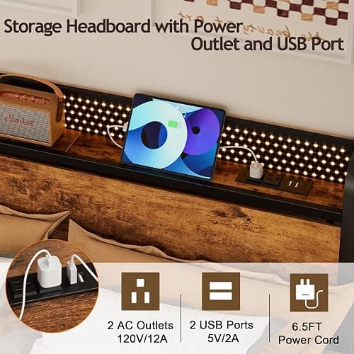 Furnulem Full Bed Frame with LED Lights,Industrial Storage Headboard with Charging Station,USB Port,Under Bed Storage,Wood Platform with Strong Metal Support,No Box Spring Needed, Silent thumbnail 3