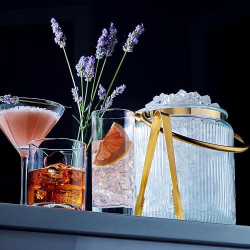 Glass Ice Bucket with Airtight Lid, Ice Tong Scooper and Handle - 3L Ribbed Beverage Tub Cocktail Home Bar Accessories, Wine, Beer - Chiller for Parties, Champagne Drink Tub Cooler with Hinged Handles thumbnail 4