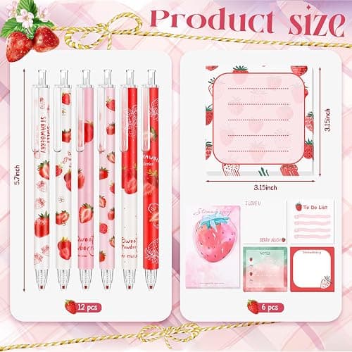 Sabary 18 Pcs Stationery Set, 12 Aesthetic Pens & 6 Sticky Notes, Valentines Gifts, Baby Shower Party, Cute Office School Supplies, Gifts for Women Students Nurses Teachers Coworker(Strawberry) thumbnail 3