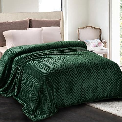 Whale Flotilla Flannel Fleece Bed Blanket Queen Size, Emerald Green | Lightweight Breathable Soft Bedspread, Plush Fluffy Coverlet Chevron Design Decorative Blanket for All Season, 90x90 Inch - Image 1