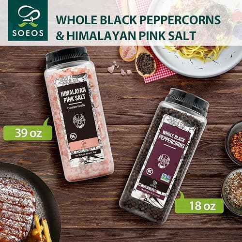 Soeos Pink Salt 39 Oz + Black Peppercorns 18oz, Coarse Grain, 2 Set | Pink Salt for Grinder Refill, Salt and Pepper Grinder, Non-GMO Verified, Spice Set thumbnail 3