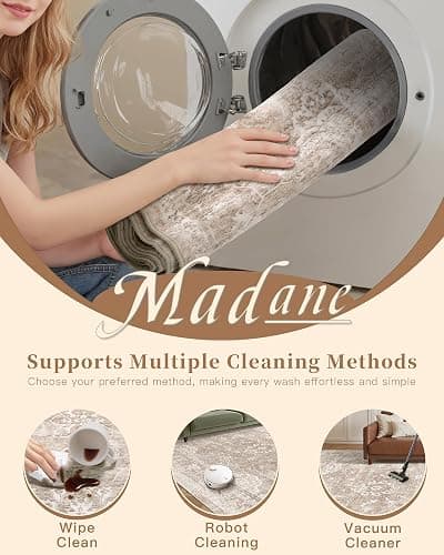 Madane 8x10 Area Rugs for Living Room, Machine Washable Vintage Rug with Non-Slip Backing, Soft Floral Print Large Throw Rugs, Thin Carpet for Bedroom Dining Room Farmhouse (8 x 10, Brown/Sand) thumbnail 7