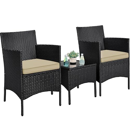 Yaheetech 3 Pieces Patio Conversation Set, Outdoor Rattan Bistro Furniture, 2 Chairs with Cushions & 1 Side Table for Bistro/Porch/Garden/Deck/Courtyard, Black/Khaki - Image 1