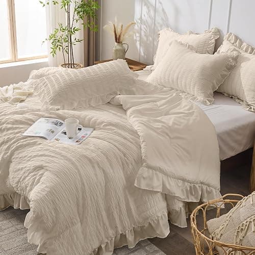 JOLLYVOGUE Beige Queen Comforter Set, 3 Pieces Seersucker Comforters Queen Size, Lightweight & Fluffy Bedding Sets Queen for All Season with 1 Ruffle Comforter and 2 Ruffle Pillowshams thumbnail 2