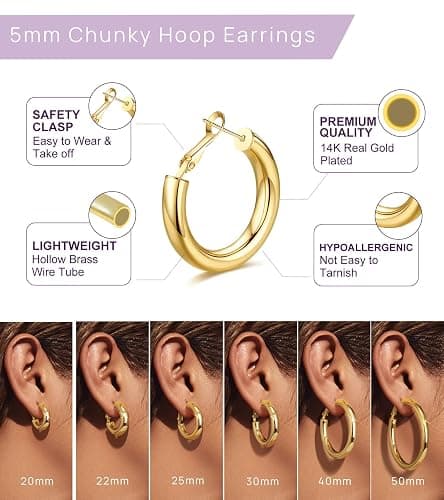 wowshow Gold Hoop Earrings for Women Chunky Hoops 14K Gold Plated Thick Hollow Tube Lightweight Earrings for Mother Birthday Gifts 20/25/30/40/50MM thumbnail 4
