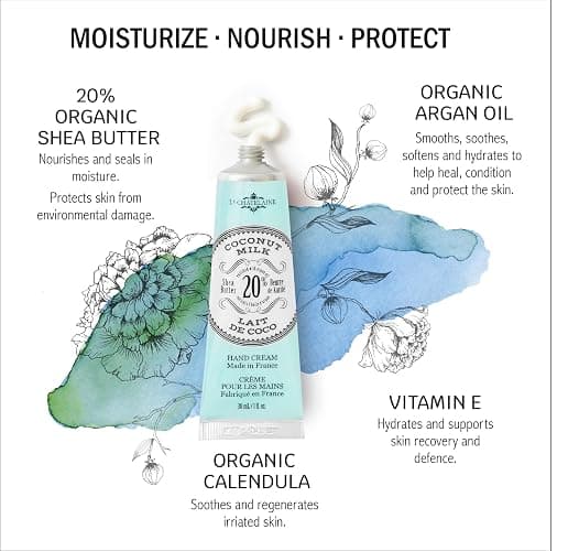 La Chatelaine 20% Shea Butter Hand Cream Travel Size, Organic Argan Oil, Moisturizing, Nourishing, Repairing, Extra-Rich Hand Lotion, Made in France, Paraben Free, 1 oz / 30ml (Coconut Milk) thumbnail 2