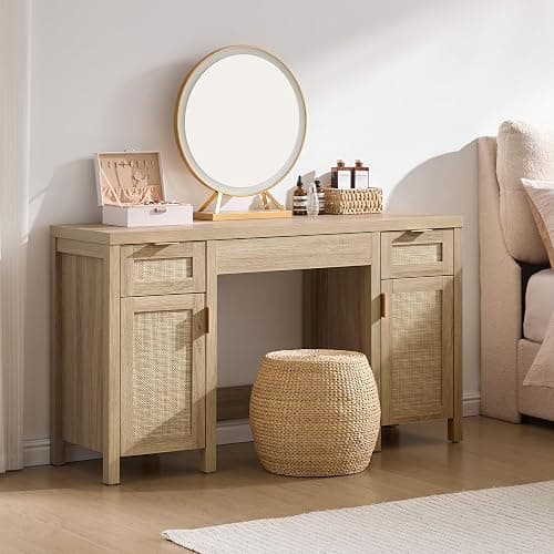 SICOTAS Rattan Vanity Home Office Desk - 52" Large Farmhouse Boho Makeup Vanity Dressing Table with 3 Drawers & 2 Storage Cabinets, Vanities Desk for Makeup Room, Bedroom, Home Office, Light Oak - Reclaimed Light Oak - 1 Piece - Image 1
