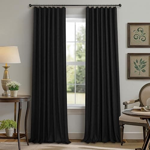 Black Curtains 84 Inches Long for Bedroom 2 Panel Set Linen Textured Total Blackout Thermal Insulated Darkening Dark Curtains Black Out Shades for Living Room Floor Length Window Drape Back Tab Pocket thumbnail 9