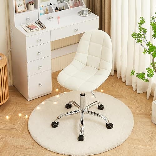 VECELO Stylish Height Adjustable Faux Leather Vanity Chair, Modern Swivel Makeup Chair with Rolling Wheels, Comfortable Padded Task Chair for Bedroom, Dressing Room & Home Office – White thumbnail 9