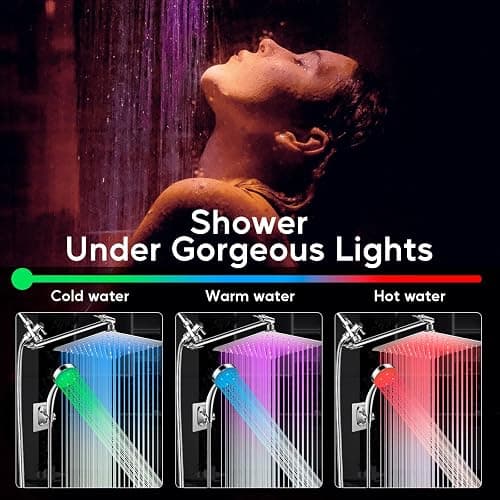 LED Shower Head with High Pressure 10'' Rain Shower Head, 11'' Adjustable Extension Arm, Color Changing Based On Water Temperature, Stainless Steel, 60'' Hose, Chrome - Chrome thumbnail 9