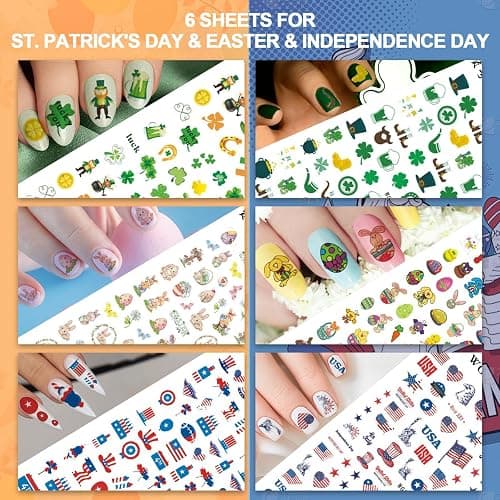 Whaline 18 Sheets All Season Nail Art Stickers Easter St Patricks All Holiday Valentine Day Fall Halloween Winter Christmas 4th of July Self-Adhesive Nail Decals for DIY Manicure Party Decor thumbnail 5