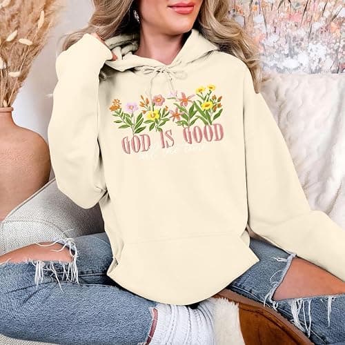 DUTUT Christian Sweatshirts Women Oversized: Jesus Hoodie God is Good Bible Verse Pullover Long Sleeve Tops thumbnail 2
