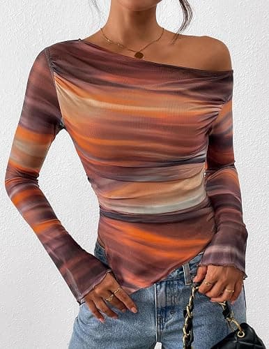 PRETTYGARDEN Womens Fall Trendy Off Shoulder Y2k Tops 2026 Tie Dye Mesh Long Sleeve Shirts Asymmetrical Ruched Floral Blouse thumbnail 7