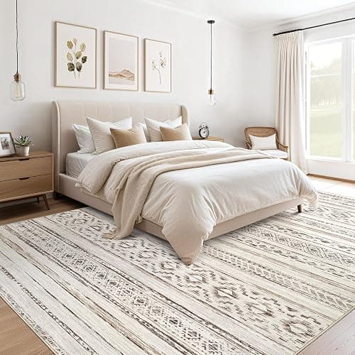 Large Living Room Area Rug 9x12: Soft Machine Washable Boho Moroccan Farmhouse Rugs for Bedroom Under Dining Table - Non-Slip Neutral Morden Indoor Floor Rug Carpet for Home Office Decor - Cream Brown thumbnail 2