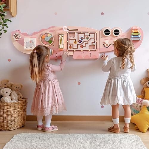 ROBOTIME Crocodile Busy Board Wall Panels for Toddlers, Pink Montessori Sensory Activity Board, Montessori Sensory Wall-Mounted Learning Center Toy for Kids Room, Educational Toys for Boys & Girls - Image 1
