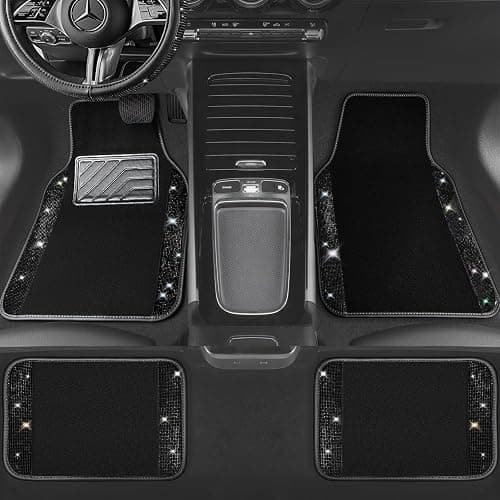 CAR PASS Bling Diamond Leather Steering Wheel Cover 14.5in-15in Floor Mats Shining Rhinestone Carpet Sparkly Glitter Crystal Anti-Slip Pad Fit Automotive SUV Pickup Truck Girl Women, 5pcs Black thumbnail 4