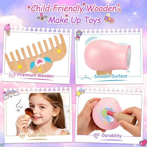 Kids Wooden Makeup Sets Toys for Girls, 3 4 5 6 Year Old Birthday Presents | Wooden Make Up Kit Toys for Kids, Gifts for 3-4-5 Year old Girls - 21Pc Pretend Fake Beauty Role Play with Cosmetic Bag thumbnail 3