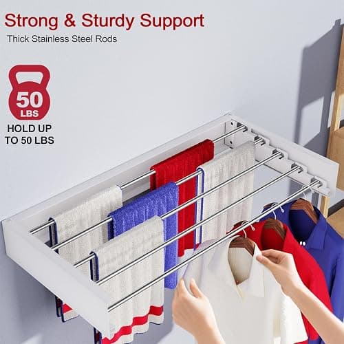 SOLVESTIS Wall Mounted Drying Rack 31.5", Foldable Laundry Drying Rack with Stainless Steel Rods, Retractable Laundry Space Saver for Indoor & Outdoor Use, Include Wall Template thumbnail 6