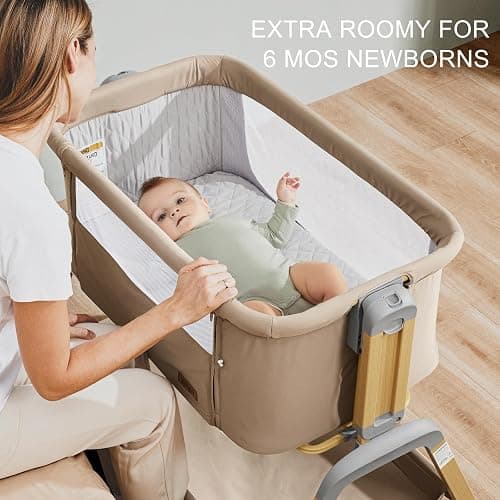 Jimglo 3 in 1 Baby Bassinet, Rocking Bassinets with Comfy Mattress and Wheels, Adjustable Height Bassinet Bedside Sleeper, Easy Folding Portable Crib for Newborn (Khaki) thumbnail 7