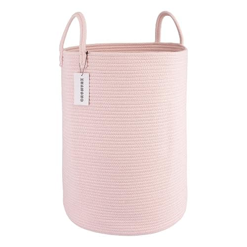 XUANGUO Cotton Rope Laundry Basket Hamper for Clothes Woven Storage Basket for Living Room Bedroom Boho Tall Rope Baskets for Blanket Toys Pillow Towels Baby Nursery Hamper Bin Large light pink - Image 1