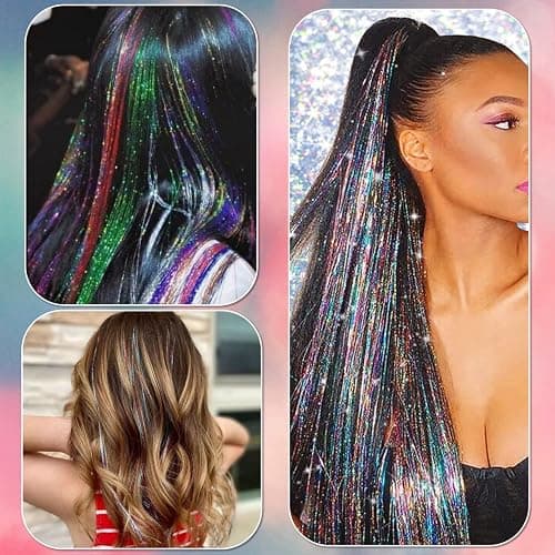 Hair Tinsel Kit with Tools and Instruction Easy to Use 12 Colors 2400 Strands 48 Inches Tinsel Hair Extensions for Women and Girls, Glitter Sparkling Shinny Fairy Hair Accessories for Party thumbnail 4