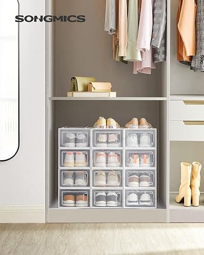 SONGMICS Shoe Boxes, Pack of 12 Shoe Storage Organizers, Stackable Clear Plastic Boxes for Closet, Sneakers, 13.1 x 9.1 x 5.6 Inches, Transparent and White ULSP12SWT thumbnail 2