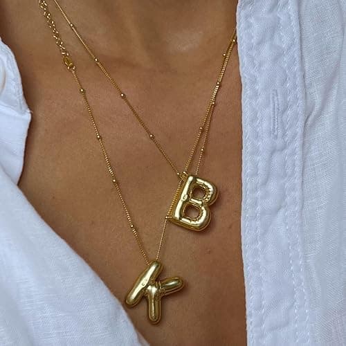 Ewrkbrㅤ Initial Necklaces for Women, 14k Gold Plated Bubble Letter Necklace Chunky Gold Necklace Dainty Charm Initial Necklaces for Women Trendy Custom Preppy Stocking Stuff Necklace Christmas Gifts thumbnail 2