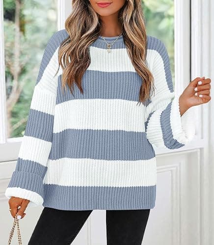 ZESICA Women's 2025 Fall Long Sleeve Oversized Striped Color Block Comfy Loose Crew Neck Knitted Pullover Sweater thumbnail 2