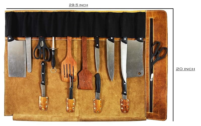 Aaron Leather Goods Vendimia Estilo Leather Knife Roll Storage Bag, Elastic and Expandable 10 Pockets, Adjustable/Detachable Shoulder Strap, Travel-Friendly Chef Knife Case Roll (Caramel, Leather) thumbnail 3