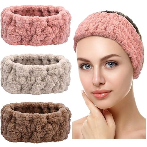 Chuangdi 3 Pieces Spa Headband for Women Facial Makeup Headband Soft Terry Cloth Hairband for Washing Face Mask Spa Shower Gifts(Pink, Gray, Dark Brown) - Image 1