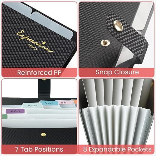 Sooez Accordion File Organizer 8 Pocket, Expanding File Folder with Labels, Folders for Document, Portable Paper Bill Receipt Organizer for Home School Office College Supplies, Letter A4 Size, Black thumbnail 5